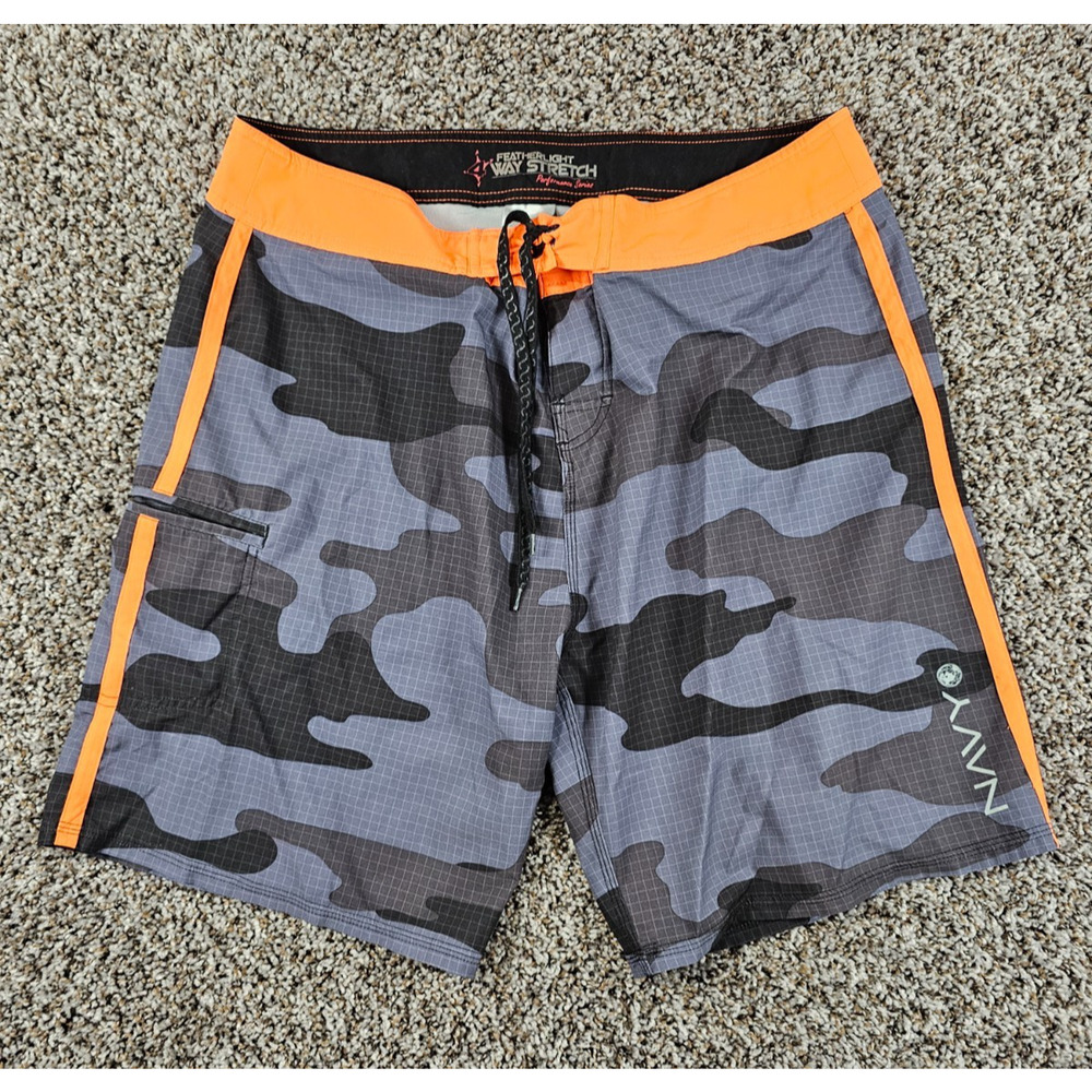 Mens Sz 36 4 Way Stretch Featherlight Board Shorts US Navy Camo Print Orange